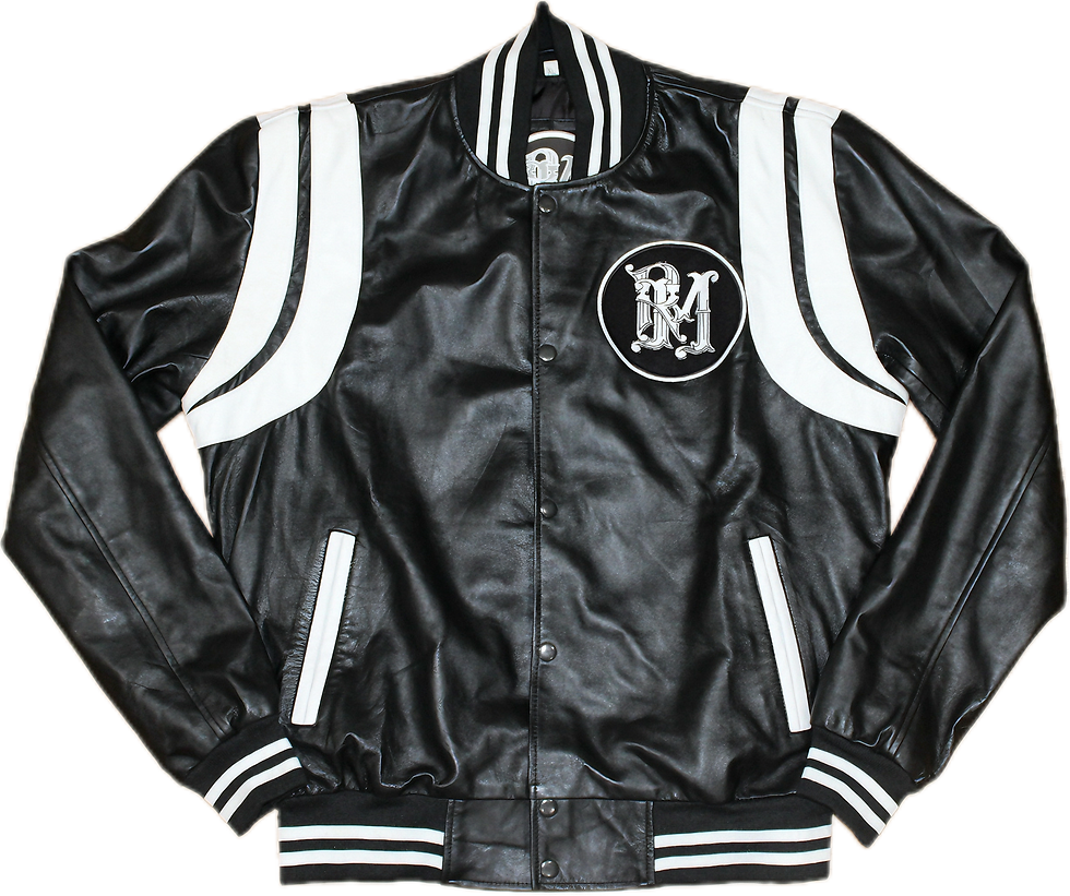 Black and white leather jacket featuring 'RM' logo, Iconic RM Leather Jacket, product shot.