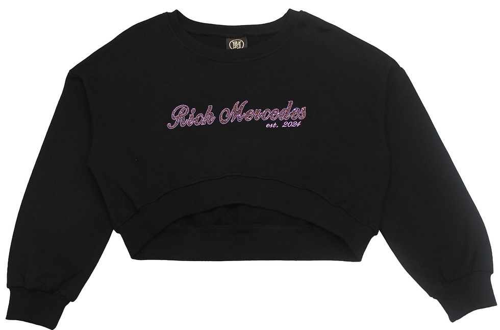 Black embroidered long sleeve crop top, 'Rich Mercedes est. 2024'