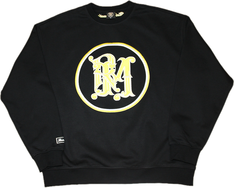 Black sweatshirt with Iconic Gold & White RM logo. Embroidered Sweatshirt showing the RM logo design.