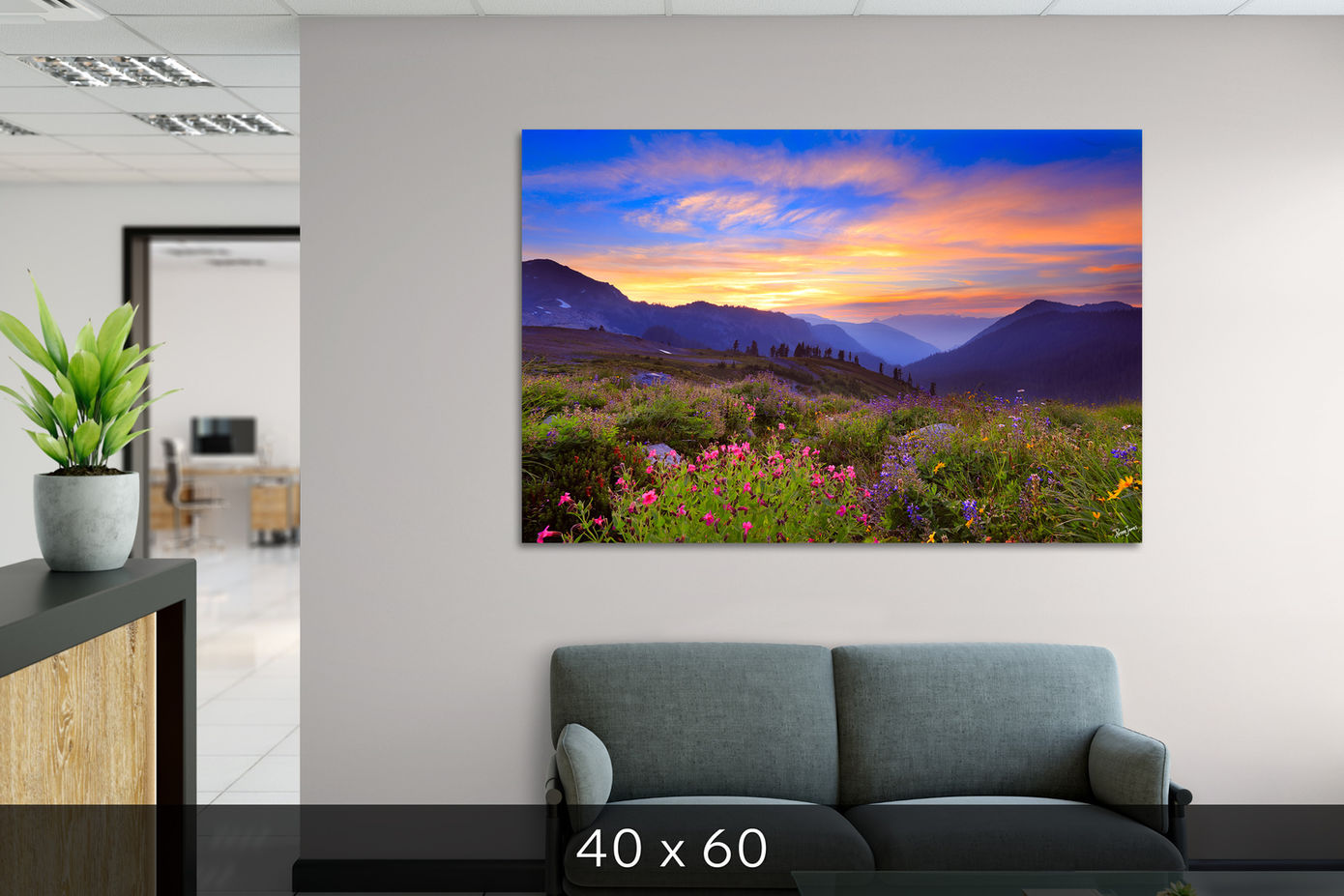 Landscape photograph mounted in office waiting room demonstrating wall art size and scale