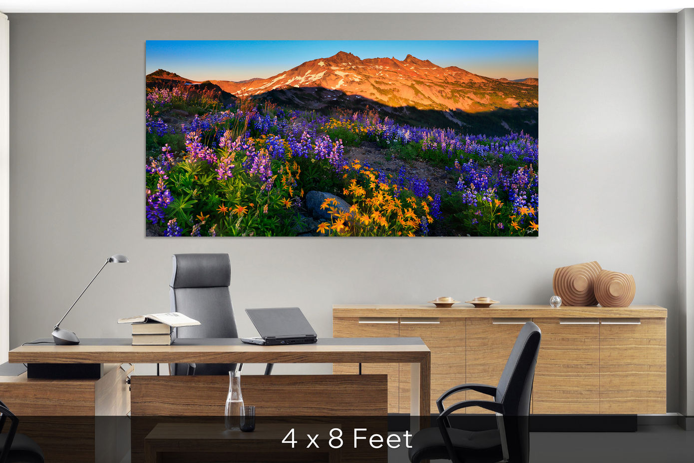 Large 4x6 foot wall art installed above couch in living room