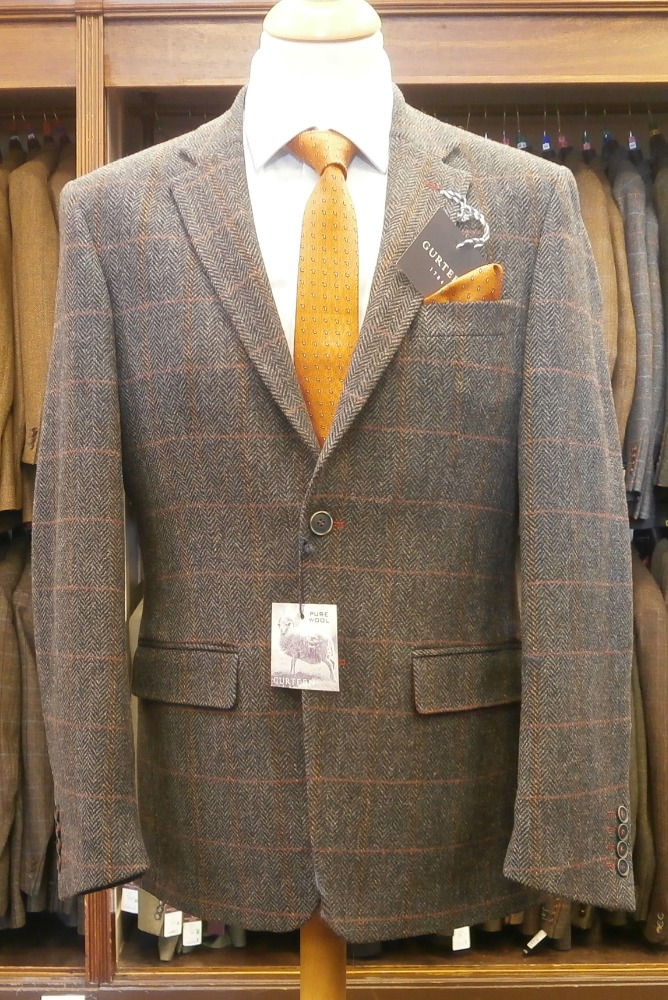 Gurteen Navy Herringbone with a Tan and Burgundy overcheck Wool Jacket