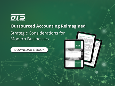 Download the e-book, "Outsourced Accounting Reimagined: Strategic Considerations for Modern Businesses". Image features a digital tablet displaying the e-book content against a green background with a network visualization pattern.