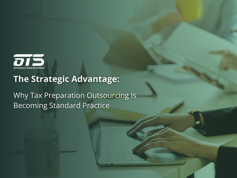 A website banner for Outsource Team Solutions (OTS) featuring the OTS logo in the top left corner. The image shows hands typing on a laptop keyboard with papers visible in the background. The text overlay reads "The Strategic Advantage: Why Tax Preparation Outsourcing Is Becoming Standard Practice." The image has a green filter applied to it, creating a professional business atmosphere.