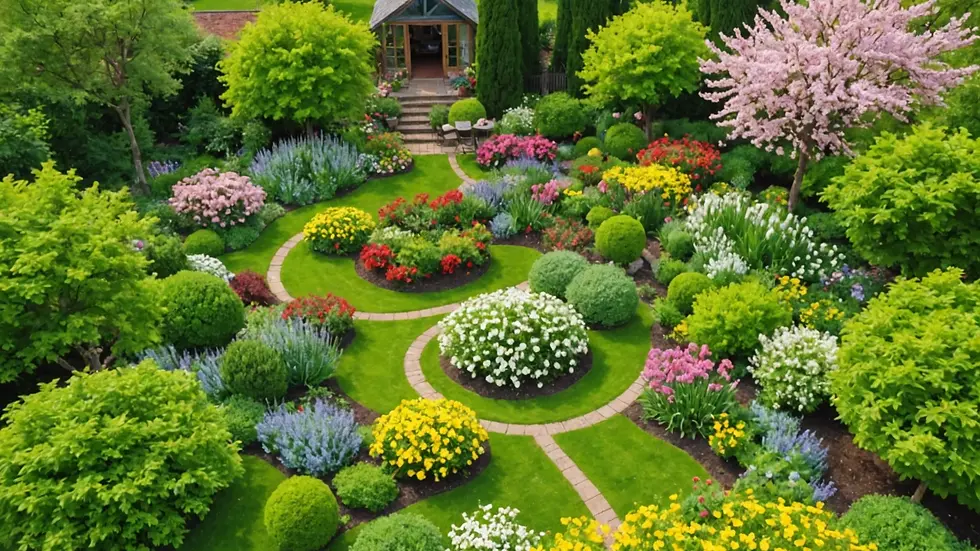Vue plongeante sur un jardin fleuri au printemps