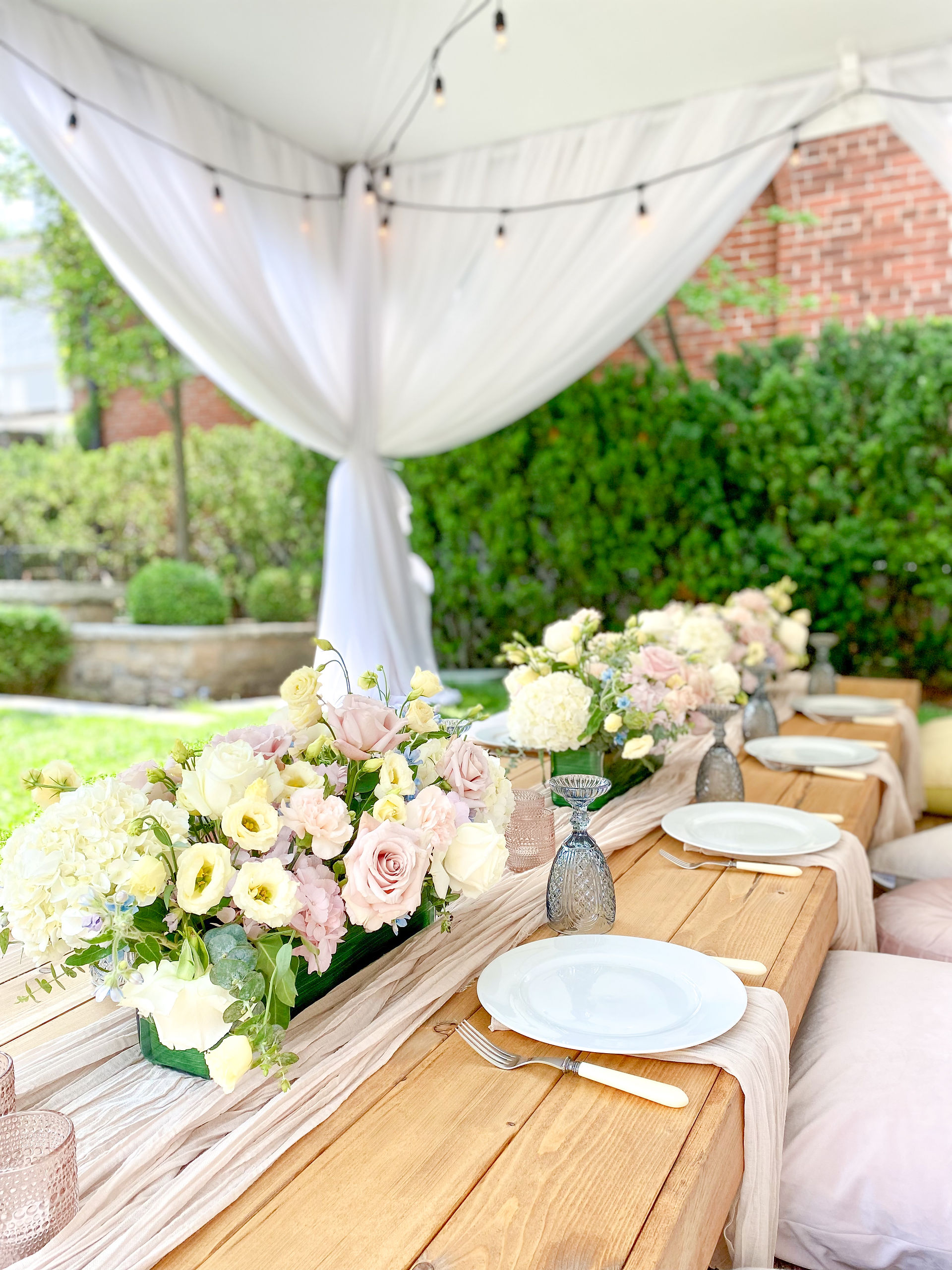 Floral Arrangements, Table Runner, Pillows and Poufs, Harvest Table
