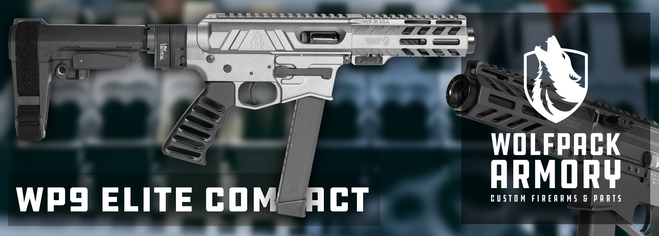 Silver WP9 Elite Compact firearm displayed with Wolfpack Armory branding and text.