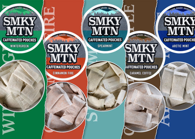 Smoky Mountain caffeinated pouches, Cinnamon Fire, Spearmint, and Caramel Coffee flavors.