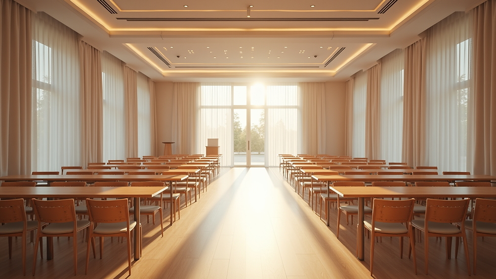 Wide angle view of a clean event space with neatly arranged chairs and tables