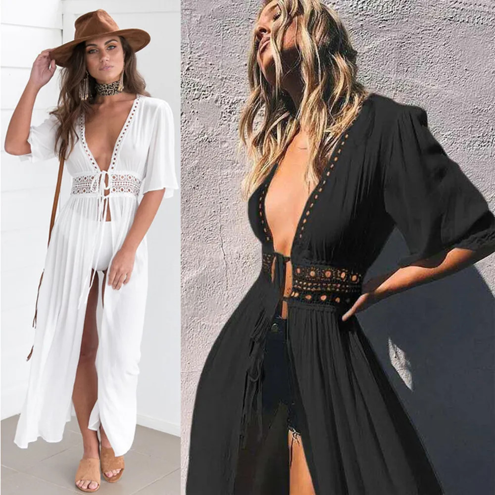Women's Summer Dress Lady Lace Boho Beach Swimsuit Bikini Cover Up Lace-Up Long