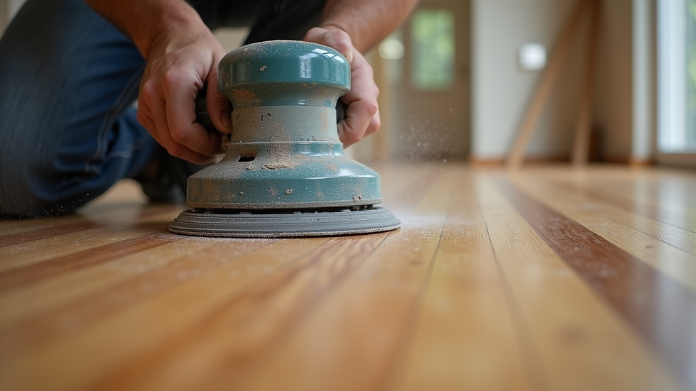 Eye-level view of a hardwood floor refinishing machine sanding a wooden floor