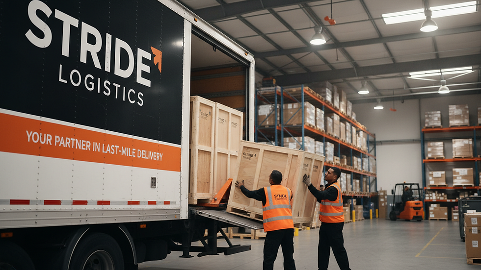 Close-up view of a delivery truck being loaded with furniture crates