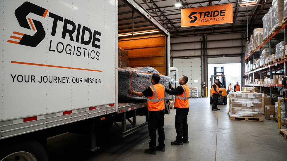 Close-up view of a furniture delivery truck being loaded with protective padding on Bainbridge Island