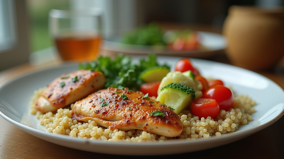 Eye-level view of a balanced athlete meal with chicken, vegetables, and quinoa
