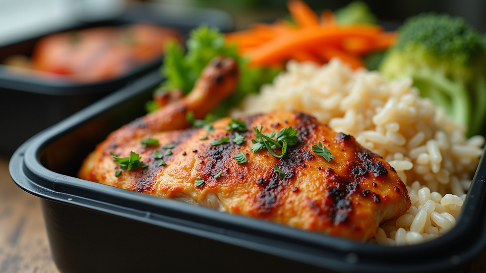 Close-up view of a meal prep container with grilled chicken, brown rice, and steamed vegetables