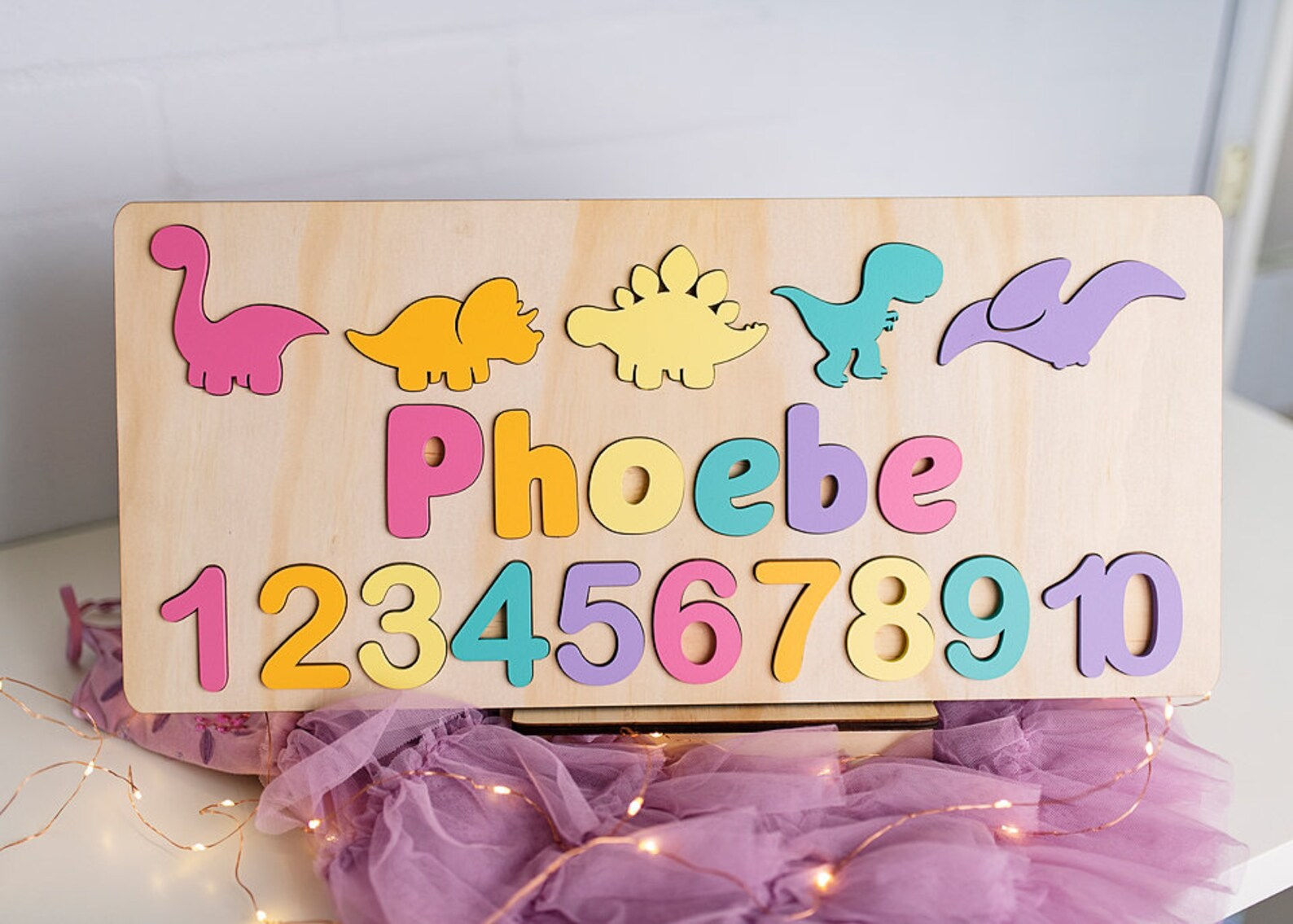 Pink, Orange, Purple  Dinosaur & Numbers Personalized Wooden Name Puzzle