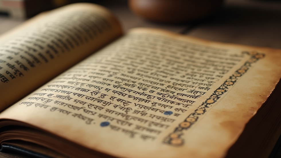 Close-up view of a Sanskrit manuscript with intricate calligraphy