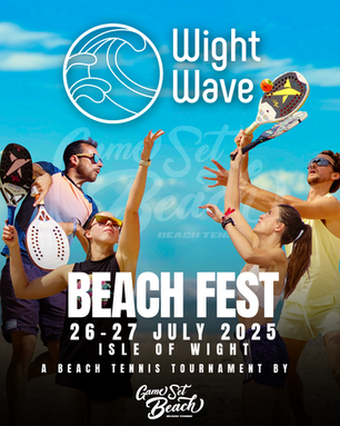 game set beach poster of a friendly beach tennis tournament taking place in the Isle of Wight on 26 and 27 July 2025 last tickets available