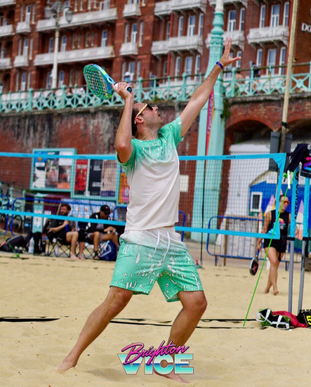 beach tennis player smashing during the Brighton vice 2025 beach tennis tournament
