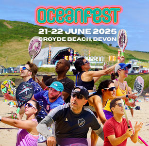 beach tennis tournament poster with beach tennis players on the backdrop of Croyde Beach and GoldCoast Oceanfest music festival.