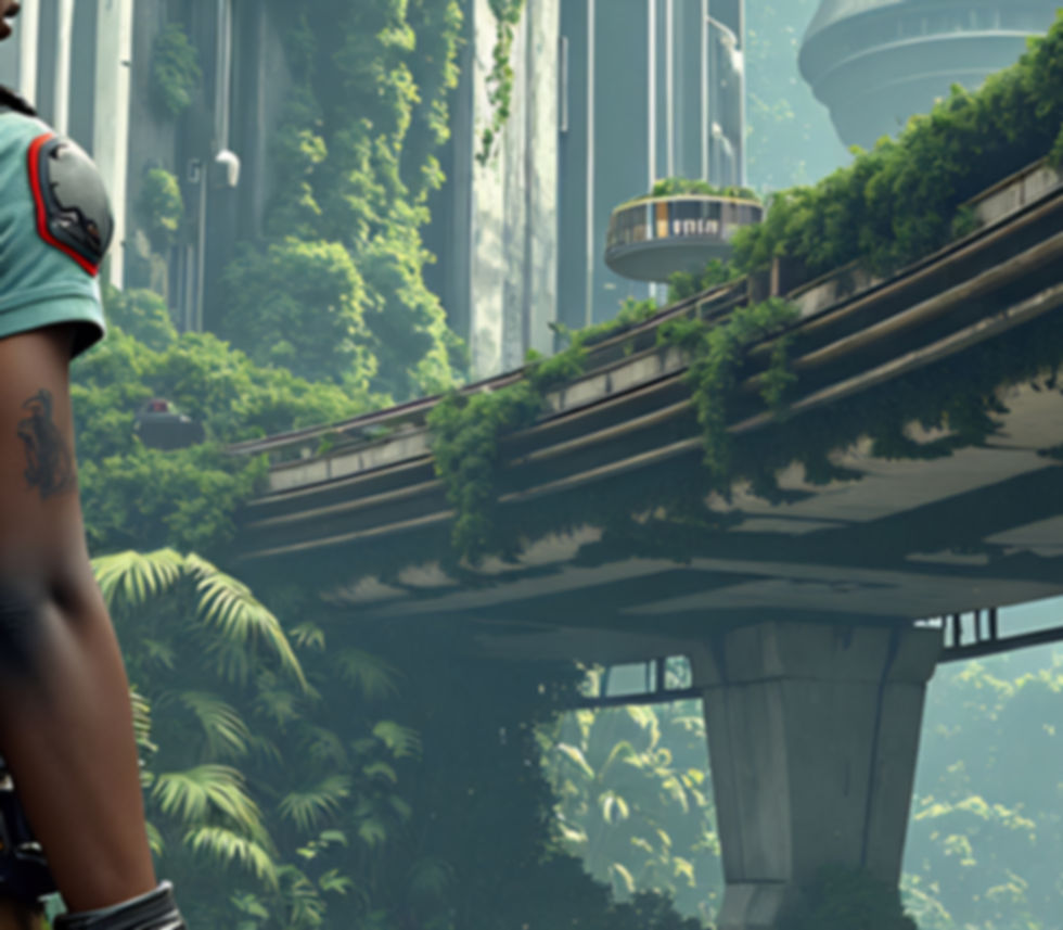 African woman exploring a futuristic landscape