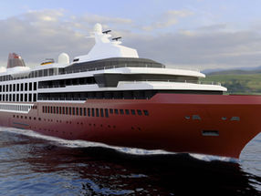 3D rendering of the Leadship-designed 135m expedition cruise vessel underway along a green coastline, seen from the starboard bow, with a deep red hull, white superstructure, dark glazed upper decks and a striped funnel aft.