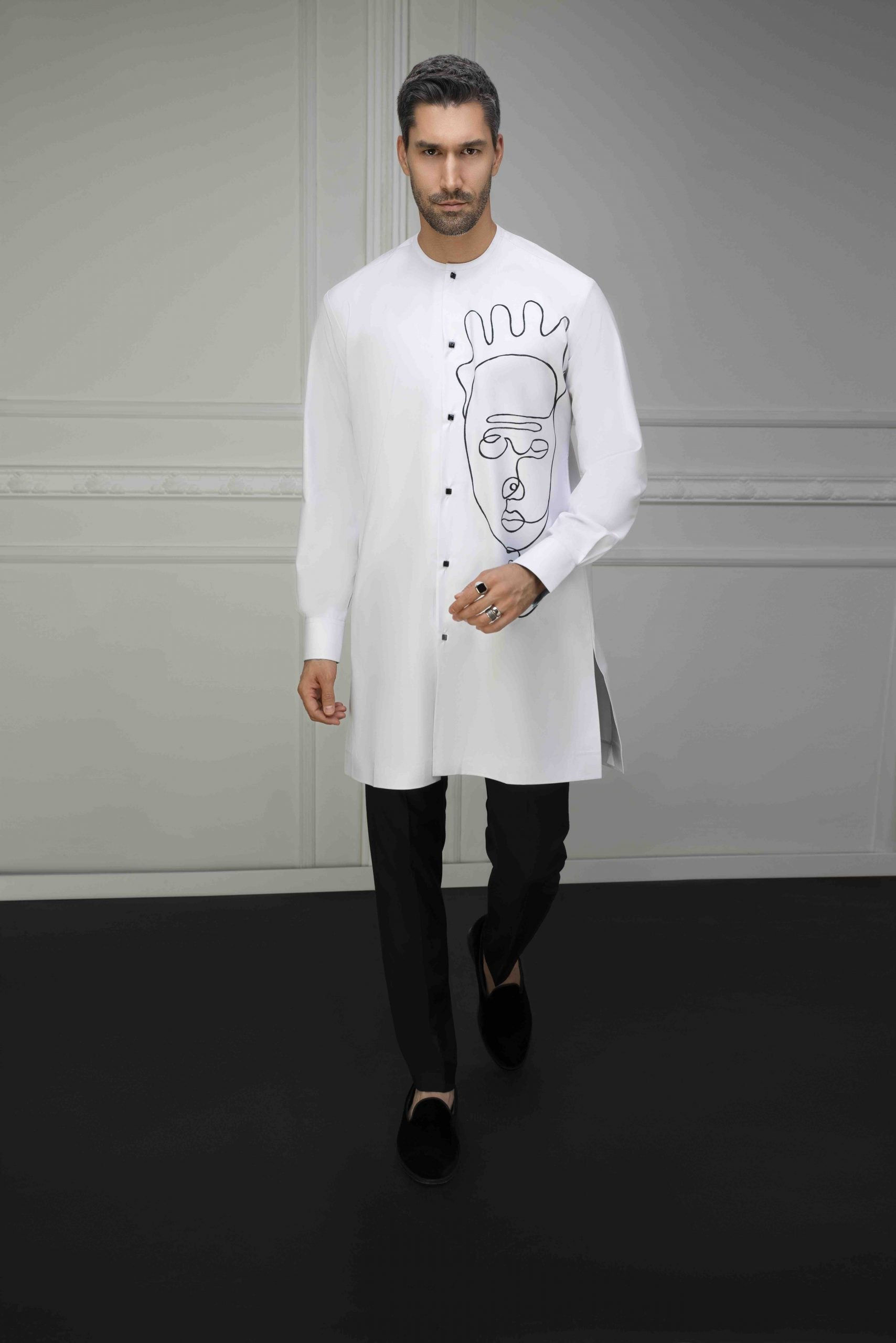 Line Art Shirt Kaftan and Pant Set