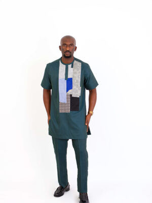 Beige Kaftan set with ankara sleeve design