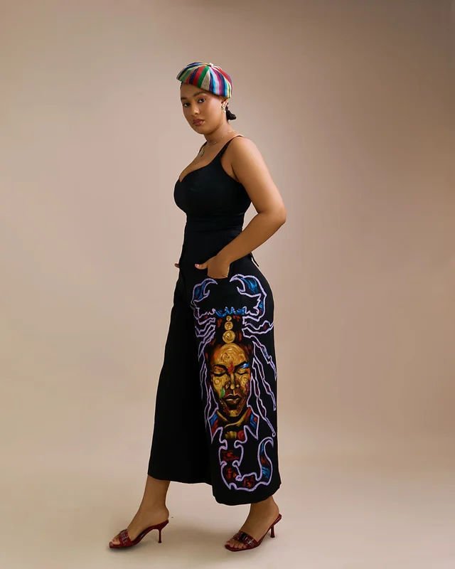 Black Sleeveless Tank Top x Hand-painted Aso Oke Jort Pant