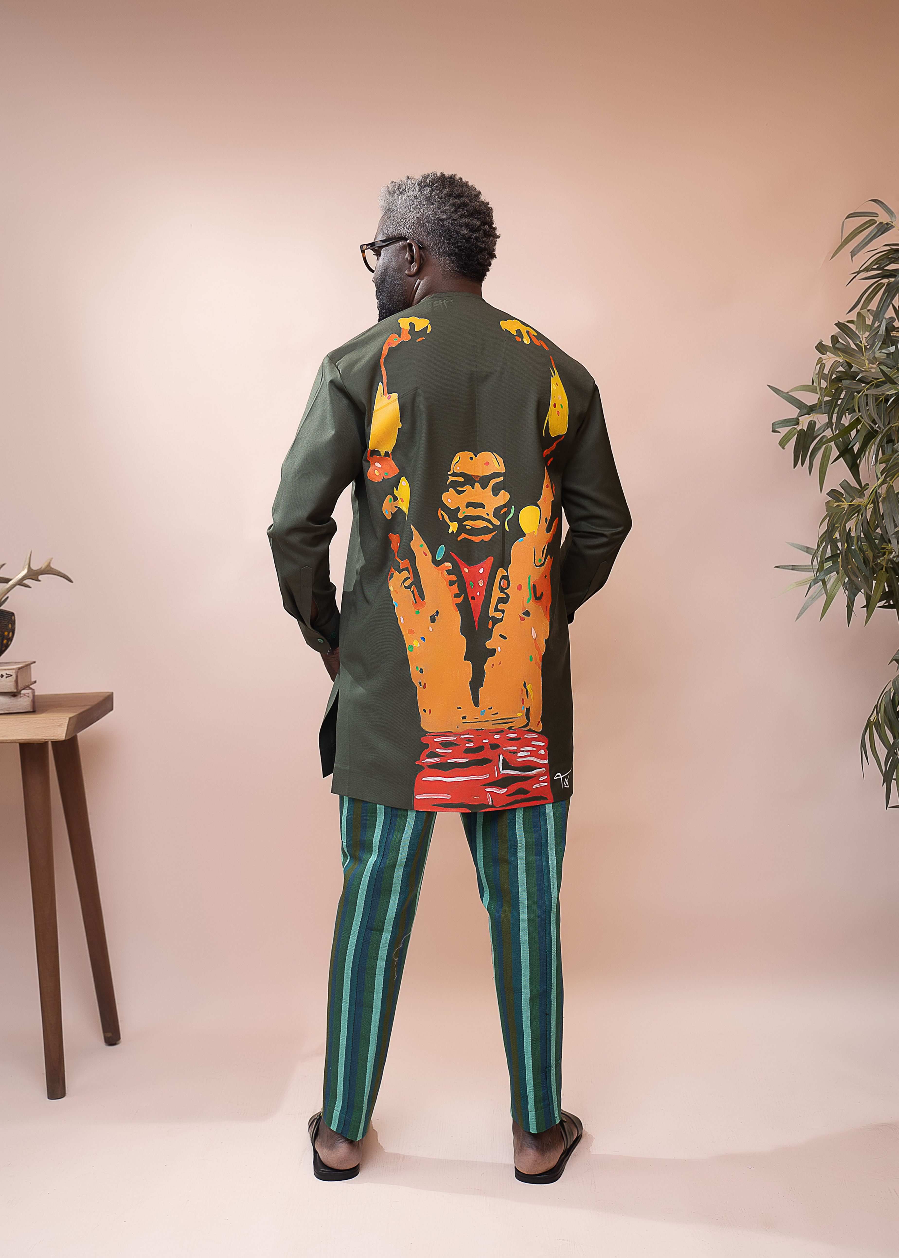 Hand-Painted Kaftan and Aso Oke Pant Set