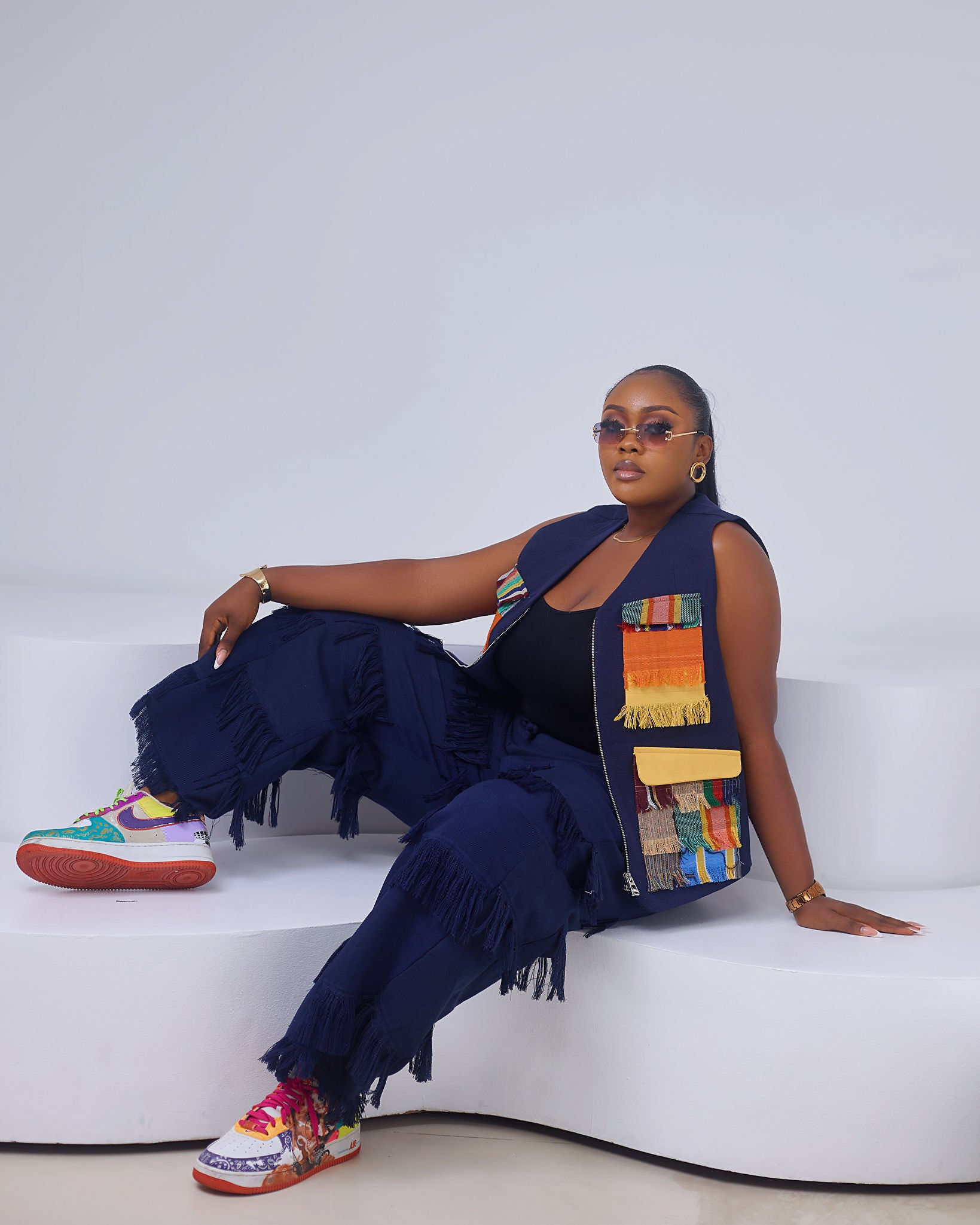 Sleeveless Aso Oke Jacket x Fringe Pant