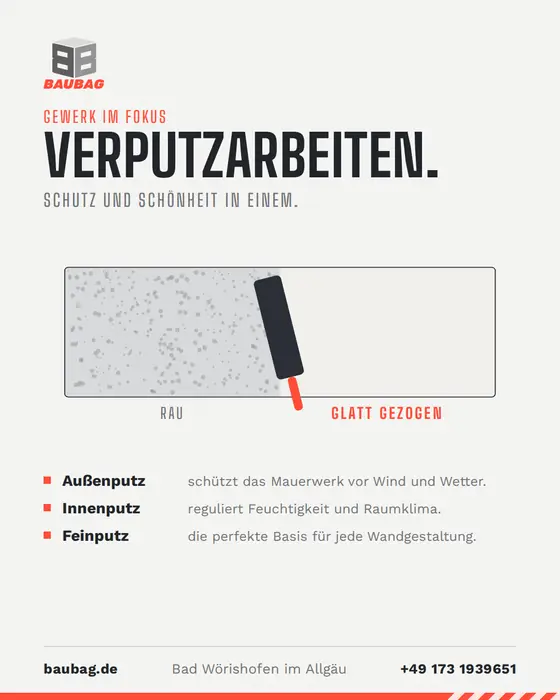 Grafik: Verputzarbeiten – Außenputz, Innenputz und Feinputz, von rau bis glatt gezogen