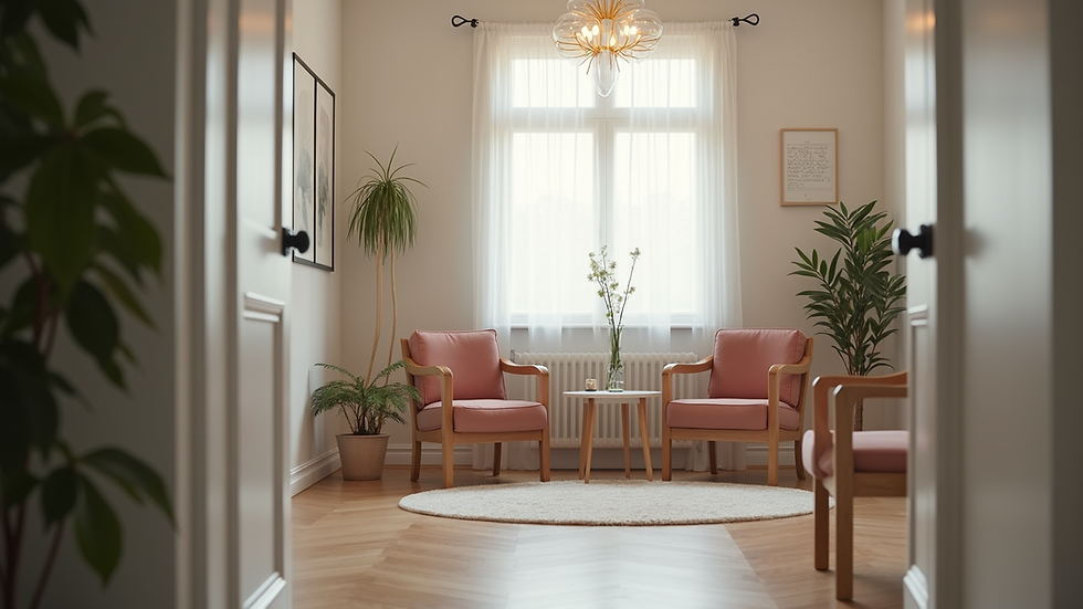Eye-level view of a calm counselling room with soft lighting and comfortable chairs