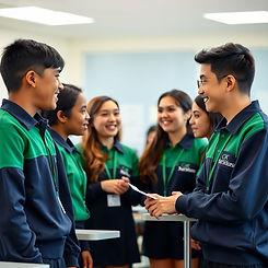 a group os students with uniform dark blue and green enjoying and smiling in a group conve
