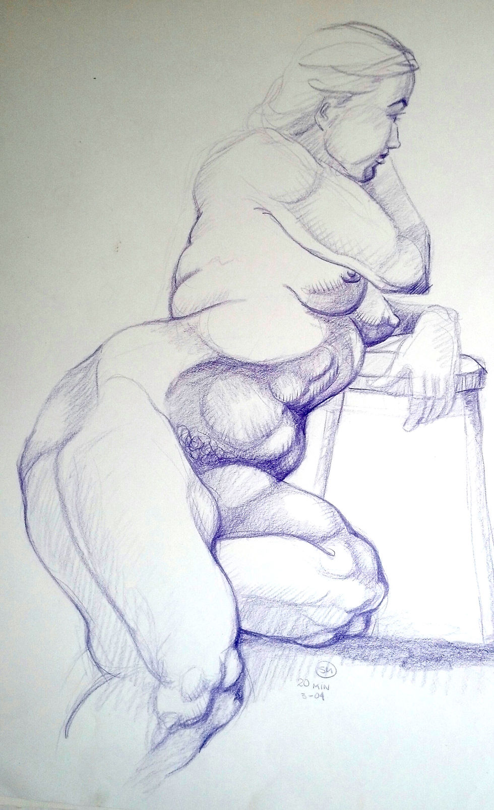 Girl reclining on stool from life drawing