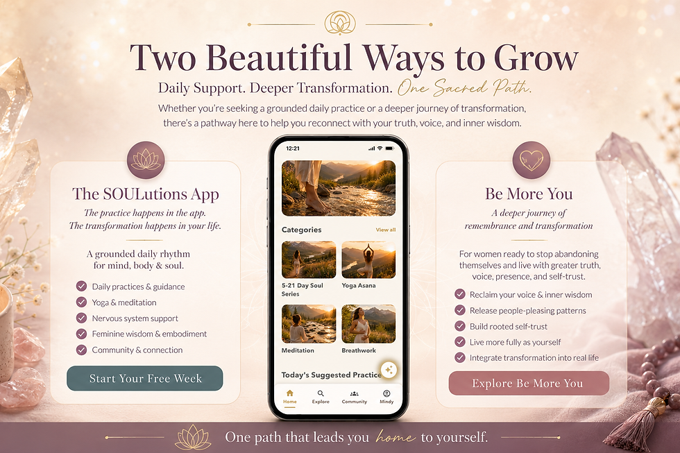 Soft, serene promotional graphic in blush and cream tones featuring a woman in profile on the left, a smartphone in the center displaying the SOULutions app home screen, and text highlighting “The SOULutions App” and “Be More You.” Crystals, malas, a journal, and a mug sit in the foreground with a peaceful mountain-and-water backdrop, alongside the headline: “Daily Support. Deeper Transformation. One Sacred Path.”