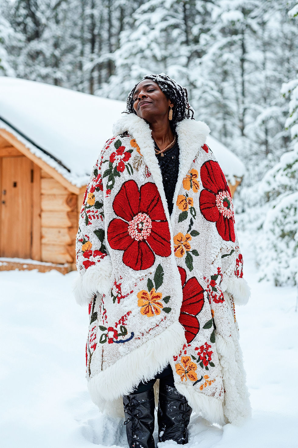 Woman standing in fresh snow wearing a patterned coat, capturing warmth, joy, and embodied presence in an ordinary winter moment.