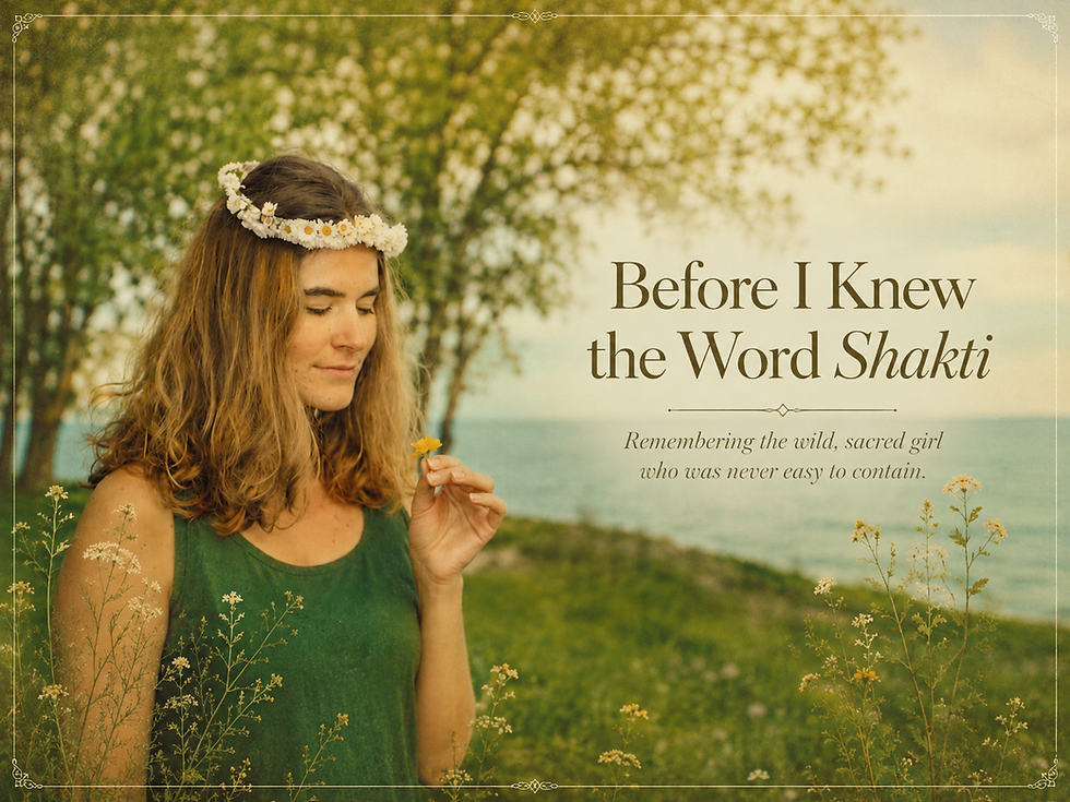 Young Mindy Arbuckle wearing a flower crown and holding a small yellow flower near the water, reflecting the sacred feminine life force within her before she knew the word Shakti.