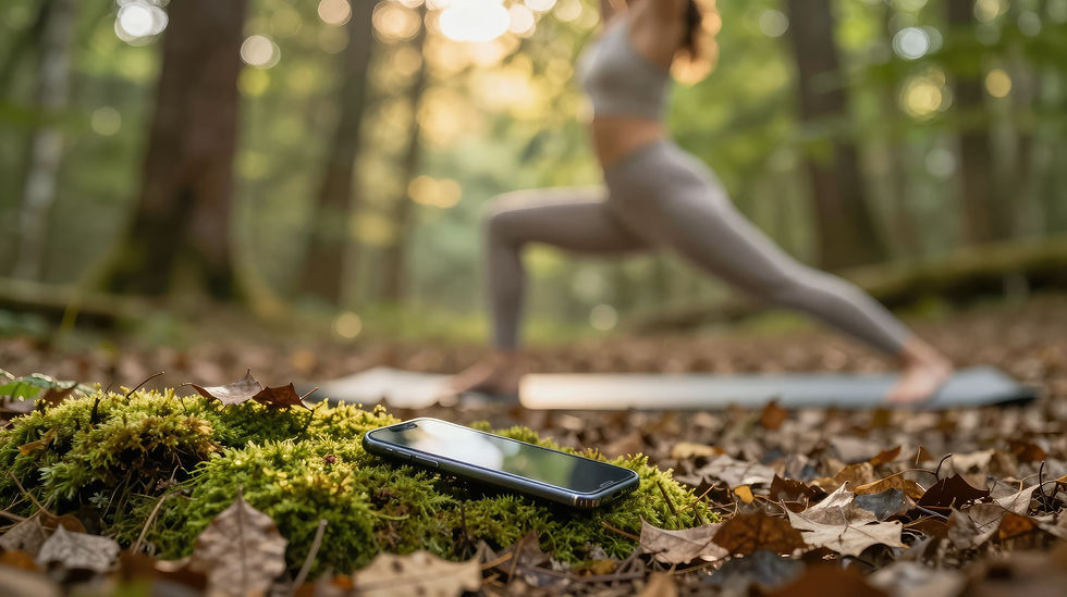 Phone resting in nature while woman practices yoga representing digital detox