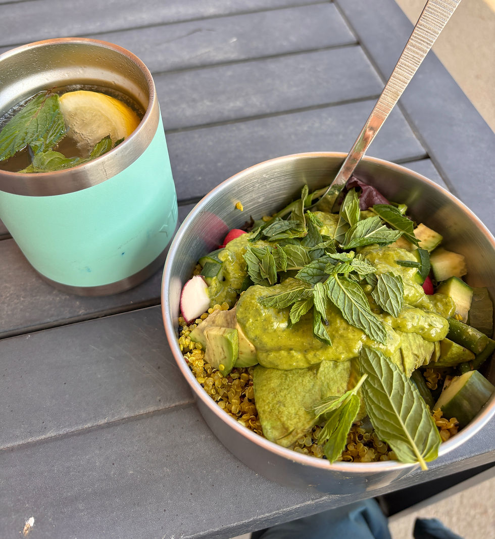 Green buddha bowl with fresh vegetables and tea nourishing cleanse meal