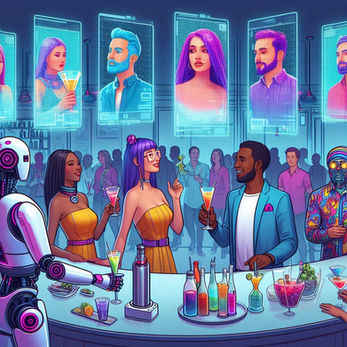 People in 2035 at Happy Hour in a bar with speed dating going on in the background.