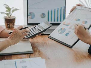 Two people reviewing financial charts on a clipboard and laptop. One holds a calculator. Potted plant in the background. Bright setting.