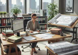 Architect in a modern office reviews blueprints at a desk, surrounded by files and a city skyline, looking focused and calm.