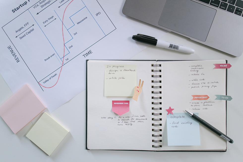 Cuaderno abierto con notas adhesivas y lista de tareas, al lado de un gráfico de startup y una laptop. Fondo blanco, ambiente de trabajo.