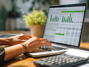 Hands typing on a laptop displaying charts and spreadsheets. A calculator is nearby, with a plant in the blurred background. Bright setting.
