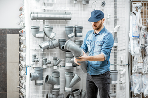Man in a blue cap inspects a gray plumbing pipe fitting in a hardware store aisle with rows of PVC parts on a white grid wall.