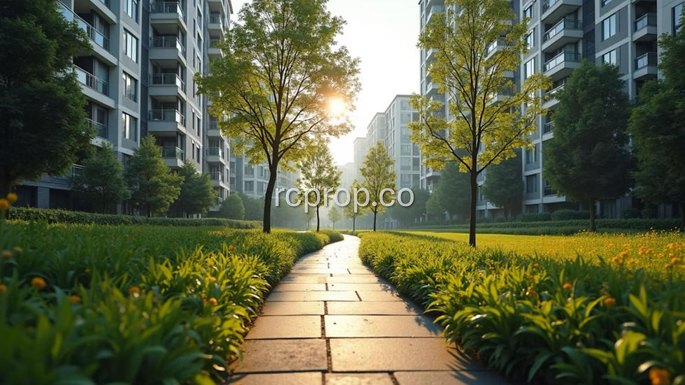 Eye-level view of urban park integrated with condominiums