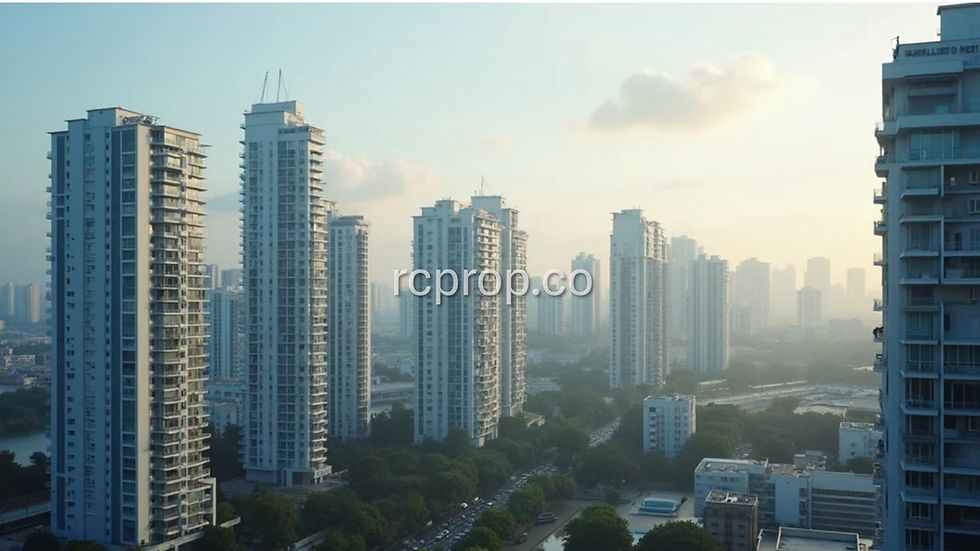 Wide angle view of city skyline showcasing modern condominiums