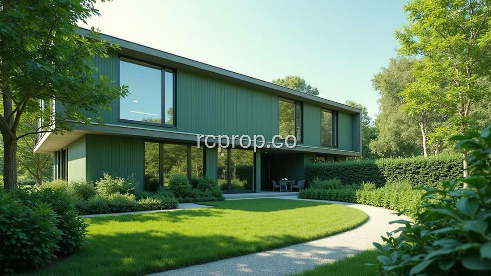 Wide angle view of a contemporary green building with lush landscaping
