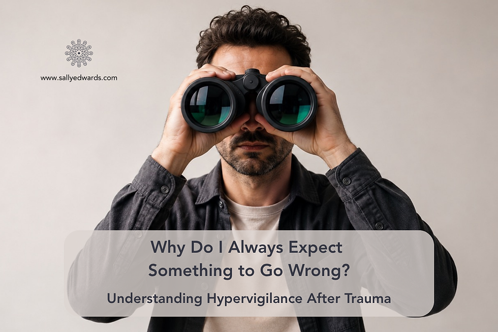 Man looking through binoculars, representing hypervigilance and constantly scanning for signs of danger after trauma